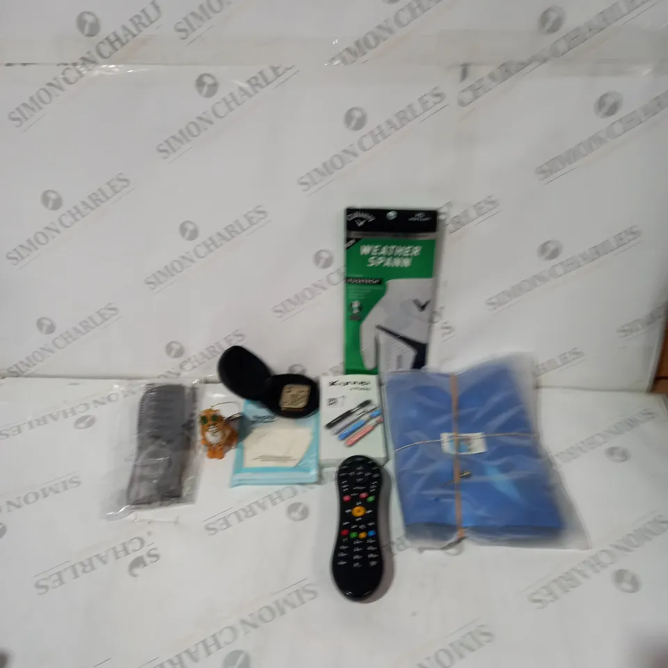 BOX OF ASSORTED ITEMS TO INCLUDE KEY RINGS, COLOURING PENS, TORCH