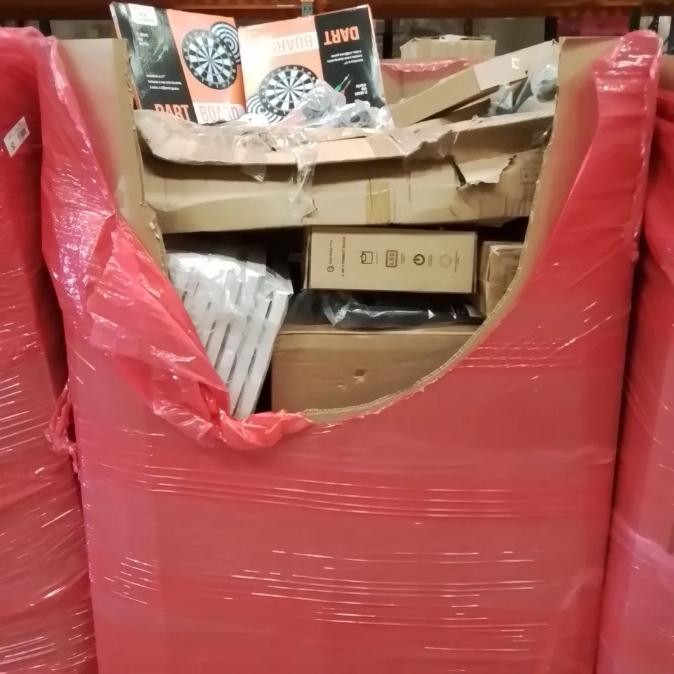 PALLET CONTAINING VARIOUS ASSORTED BOXED HOUSEHOLD ITEMS TO INCLUDE: DART BOARDS, ARTIFICIAL PLANTS, BATHROOM GRAB BARS AND LOTS MORE UNMARKED BOXED ITEMS 