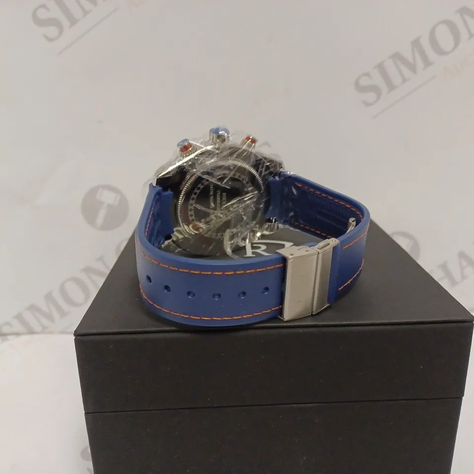 RUCKSTUHL R400 MENS CHRONOGRAPH WATCH - BLUE & ORANGE BEZEL - STAINLESS STEEL CASE - BLUE RUBBER STRAP - DISPLAY BOX