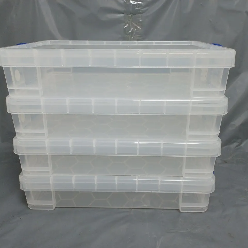 REALLY USEFUL SET OF 4 CLEAR PLASTIC STORAGE TUBS