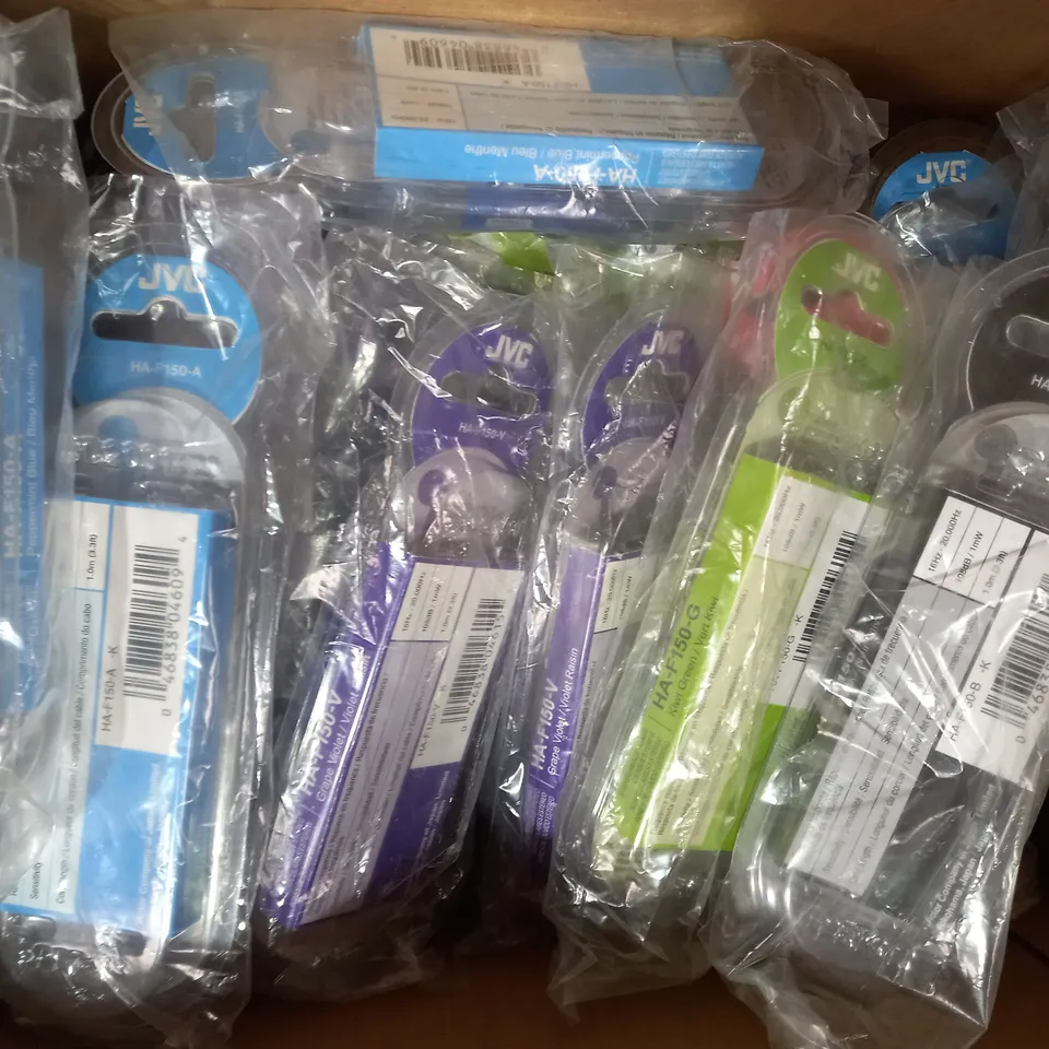 BOX OF APPROXIMATELY 20 ASSORTED JVC GUMY STEREO HEADPHONES IN VARIOUS COLOURS
