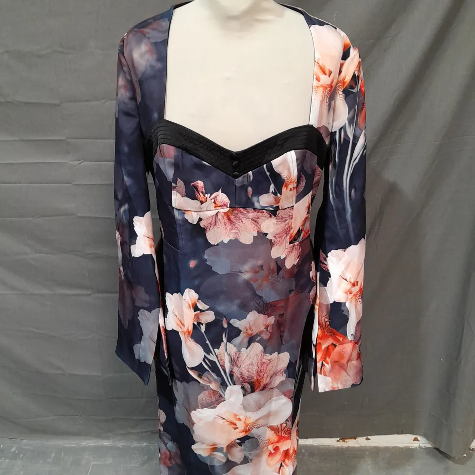 KAREN MILLEN CONTRAST SATIN FLORAL LONG SLEEVE WOVEN MIDI DRESS - SIZE 12
