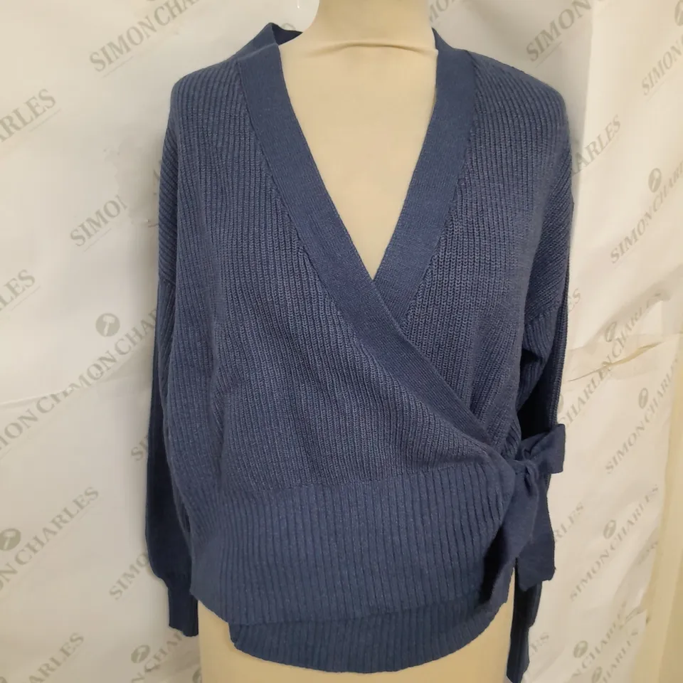 OBJECT V NECK WRAP TIE CARDIGAN IN BLUE MELANGE SIZE M