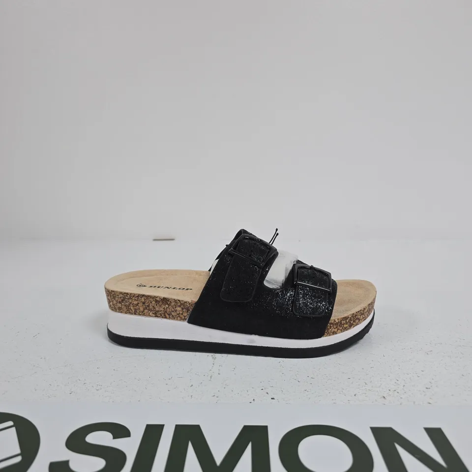 DUNLOP DOUBLE-STRAP SANDALS, BLACK, CORK FOOTBED – UK 5