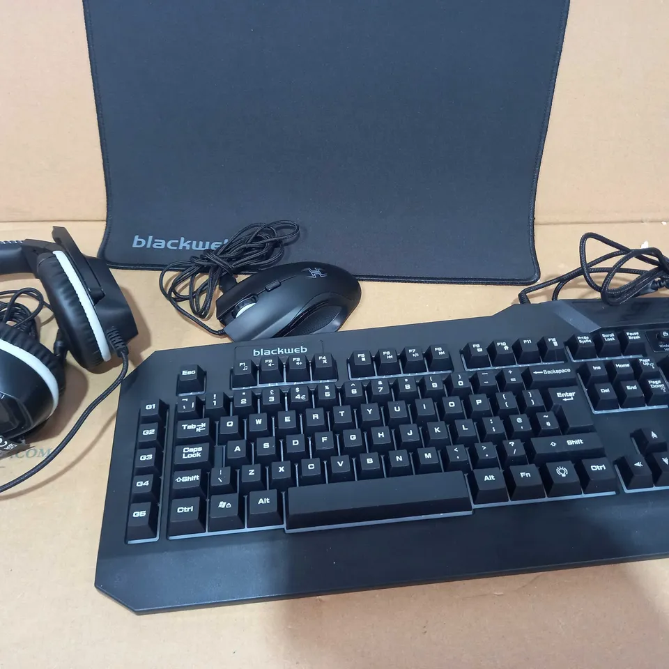 BLACKWEB 4-IN-1 GAMING KIT INCLUDING MOUSE, KEYBOARD, HEADPHONES AND MOUSE MAT