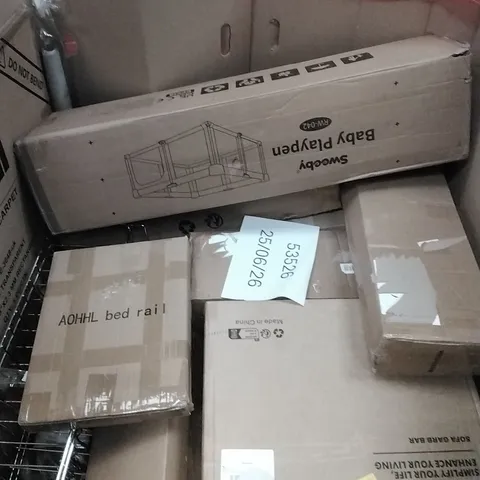 PALLET OF ASSORTED HOUSEHOLD GOODS AND PRODUCTS TO INCLUDE; PLAY PEN, SOFA GRAB BAR, BOXED FURNITURE ETC