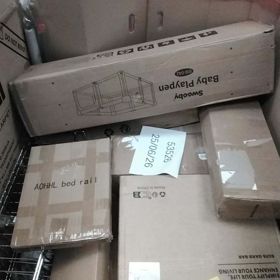 PALLET OF ASSORTED HOUSEHOLD GOODS AND PRODUCTS TO INCLUDE; PLAY PEN, SOFA GRAB BAR, BOXED FURNITURE ETC