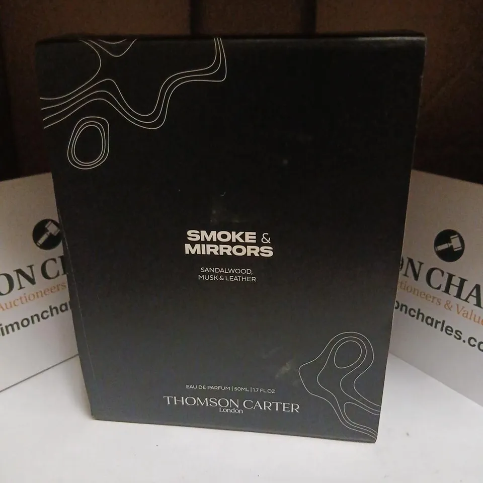 BOXED SMOKE AND MIRRORS SANDALWOOD MUSK AND LEATHER THOMSON CARTER EAU DE PARFUM 50ML