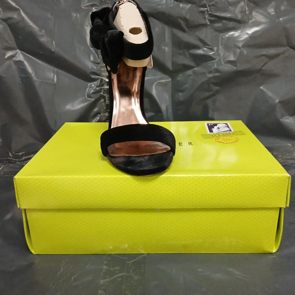 BOXED PAIR OF TED BAKER OPEN TOE STILETTO HEELS IN BLACK SIZE EU 39