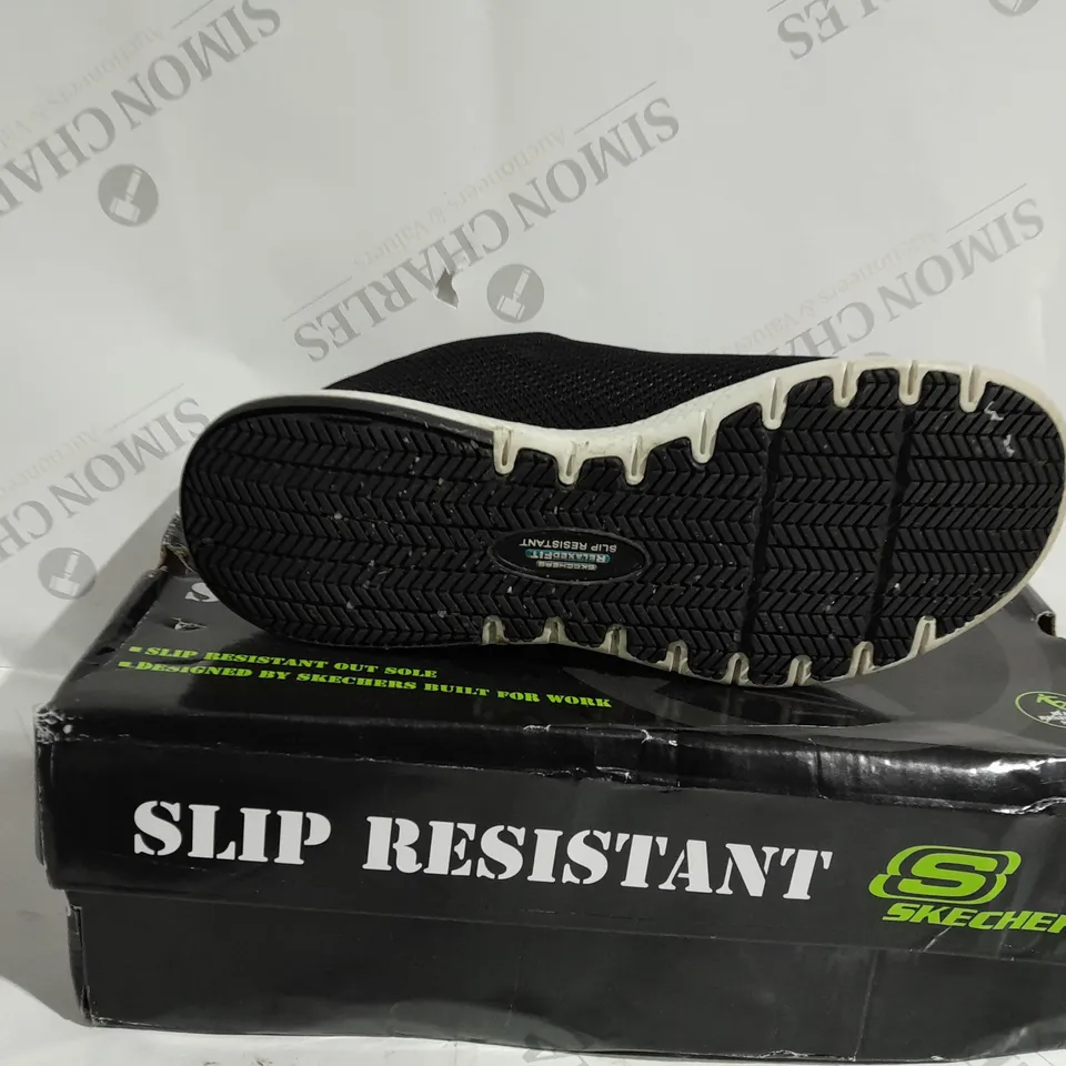 BOXED PAIR OF SKECHERS SLIP RESISTANT WORK TRAINERS IN BLACK - SIZE 5