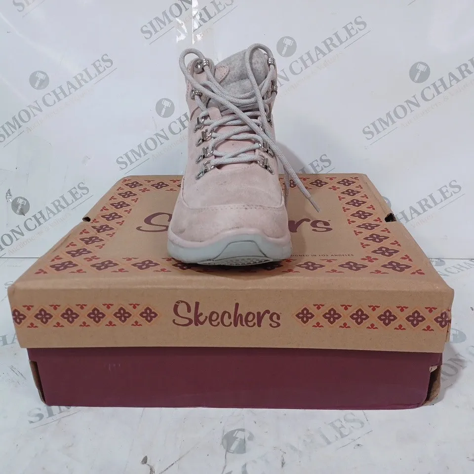 boxed pair of SKECHERS WARM BOOTS, BLUSH - SIZE 6.5