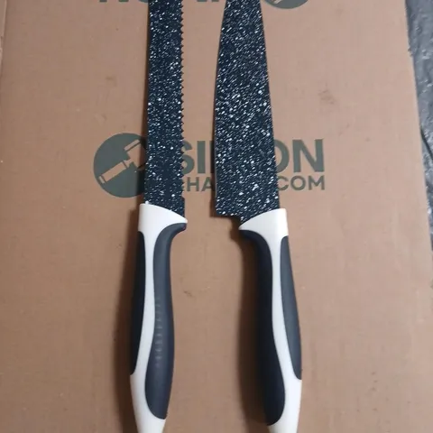 APPROXIMATELY 48 FLAVORSTONE SET OF 2 SPECKLED KITCHEN KNIVES WITH WHITE AND BLACK HANDLES CHEF KNIFE AND BREAD KNIFE