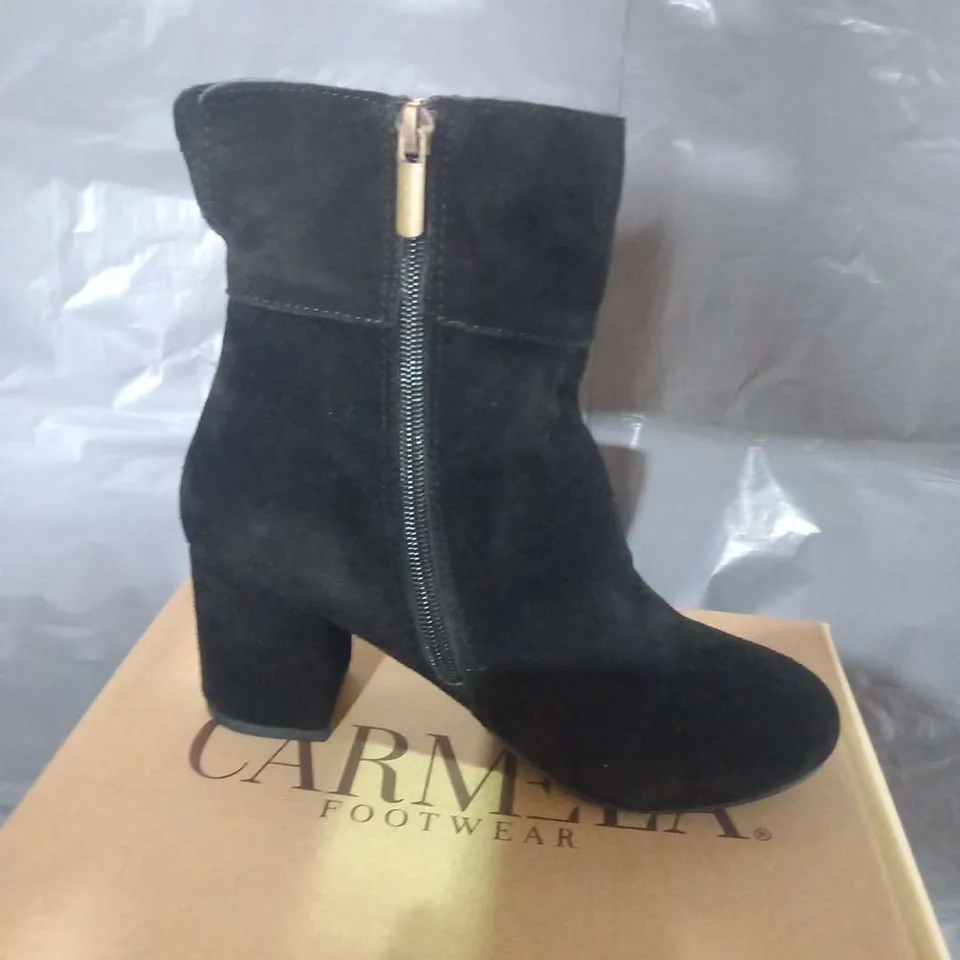 BOXED CARMELA GRACE BLACK SUEDE ANKLE BOOTS SIZE 36