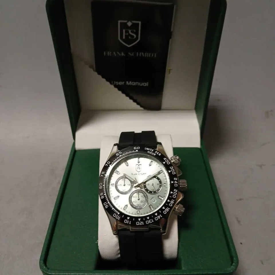 BOXED FRANK SCHMIDT WATCH WITH MULTI FUNCTION SUB DIALS WITH DATE 