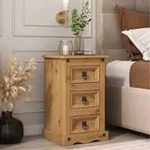 BOXED CORONA 3 DRAWER BEDSIDE TABLE WAXED PINE 