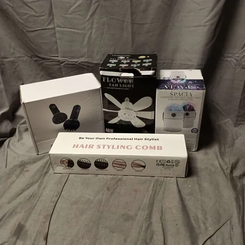 BOX OF APPROXIMATELY 15 ASSORTED HOUSEHOLD ITEMS TO INCLUDE HAIR STYLING COMB, CEILING FAN WITH LIGHT, NIGHT LIGHT AND GALAXY PROJECTOR, MASSAGER ETC
