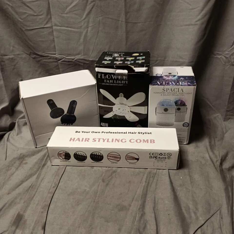 BOX OF APPROXIMATELY 15 ASSORTED HOUSEHOLD ITEMS TO INCLUDE HAIR STYLING COMB, CEILING FAN WITH LIGHT, NIGHT LIGHT AND GALAXY PROJECTOR, MASSAGER ETC