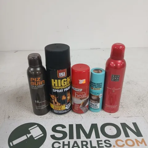 APPROXIMATELY 15 ASSORTED AEROSOLS TO INCLUDE 151 HIGH TEMPERATURE SPRAY PAINT, HEAT SPRAY, RITUALS SHOWER GEL, ETC