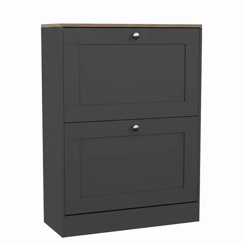 BOXED VIDA DESIGNS 2 DRAWER SHOE CABINET - CHARCOAL GREY & OAK