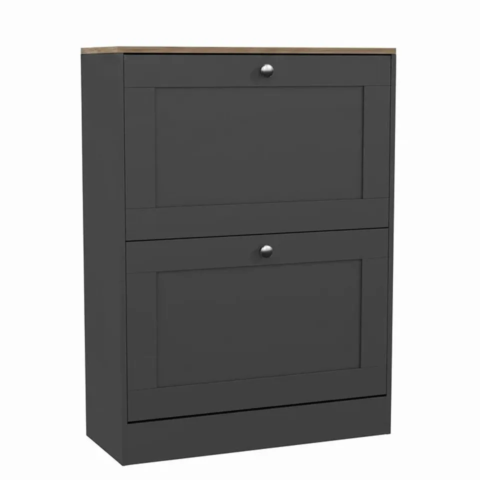 BOXED VIDA DESIGNS 2 DRAWER SHOE CABINET - CHARCOAL GREY & OAK