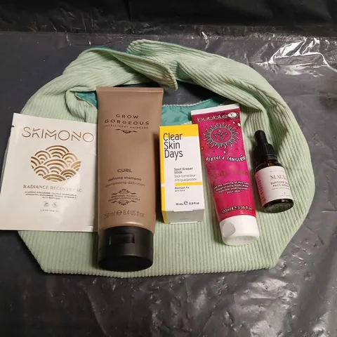 SIX ASSORTED COSMETICS PRODUCTS TO INCLUDE; GLOSSYBOX BAG, SKIMONO RADIANCE RECOVERY EYE MASK, GROW GORGEOUS CURL DEFINING SHAMPOO, CLEAR SKIN DAYS SPOT ERASER STICK, BUBBLE T BODY WASH AND MAULI SUPR