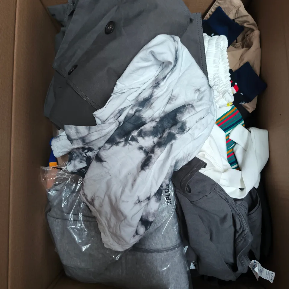 LARGE BOX OF APPROXIMATELY 25 ASSORTED CLOTHING ITEMS IN VARIOUS COLOURS, STYLES AND SIZES - COLLECTION ONLY