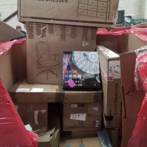 PALLET CONTAINING VARIOUS ASSORTED BOXED HOUSEHOLD ITEMS TO INCLUDE: 8 DRAWER STORAGE DRESSER, OFFICE CHAIR, PUSH CHAIR, LED ROPE LIGHTS, ELECTRIC HOB AND LOTS MORE UNMARKED BOXED ITEMS
