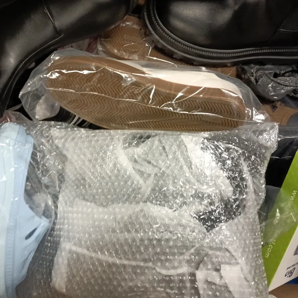BOX OF APPROXIMATELY 15 ASSORTED PAIRS OF SHOES AND FOOTWEAR ITEMS IN VARIOUS COLOURS, STYLES, AND SIZES - COLLECTION ONLY