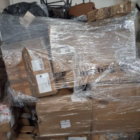 PALLET OF ASSORTED ITEMS TO INCLUDE PORTABLE TOILET AND FAUX LEATHER STOOLS