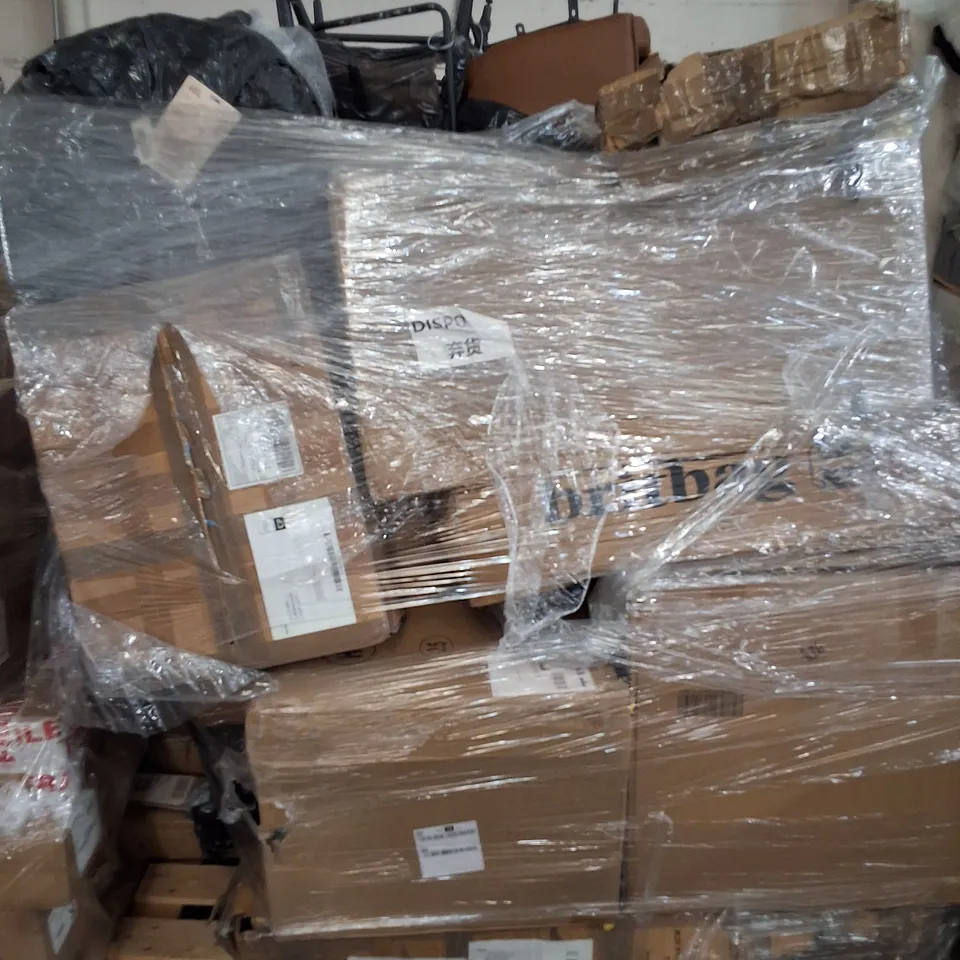 PALLET OF ASSORTED ITEMS TO INCLUDE PORTABLE TOILET AND FAUX LEATHER STOOLS