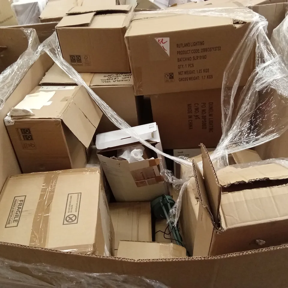 PALLET TO CONTAIN APPROXIMATELY 30 DESIGNER INDOOR LIGHTING PRODUCTS TO INCLUDE; WALL LIGHTS, CEILING LIGHTS, LIGHT SHADES ETC