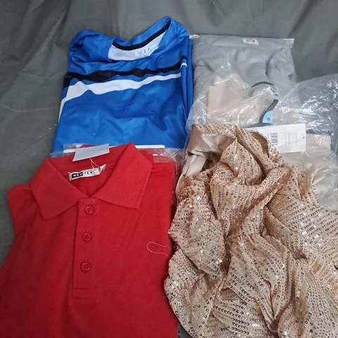 BOX OF APPROXIMATELY 10 ASSORTED CLOTHING ITEMS TO INCLUDE - DRESS - TSHIRT - POLO SHIRT - ETC