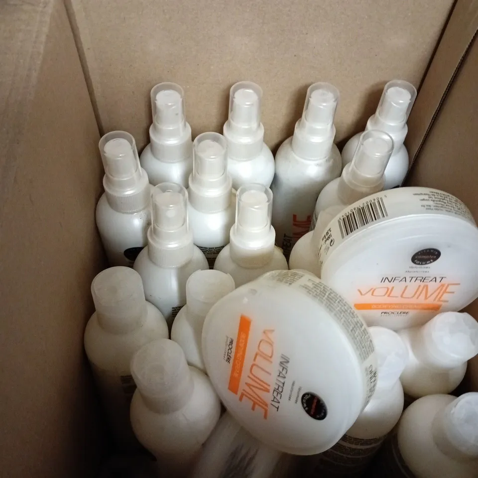 BOX OF APPROXIMATELY 25 ASSORTED COSMETICS ITEMS INCLUDING INFATREAT BODIFYING CREAM , INFATREAT SHAMPOO AND INFATREAT VOLUMISING SPRAY 