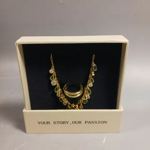 SGOLVER CRYSTAL CHARM EMERALD NECKLACE & RING SET