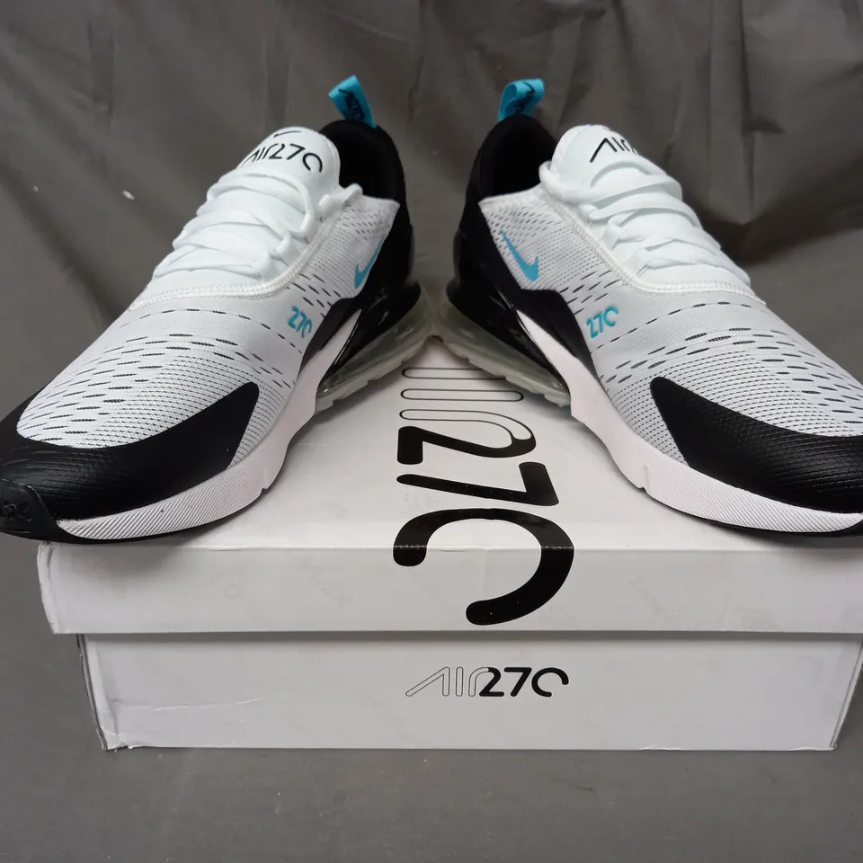 BOXED PAIR OF NIKE AIR MAX 270 SHOES IN WHITE/BLACK/CYAN UK SIZE 8.5