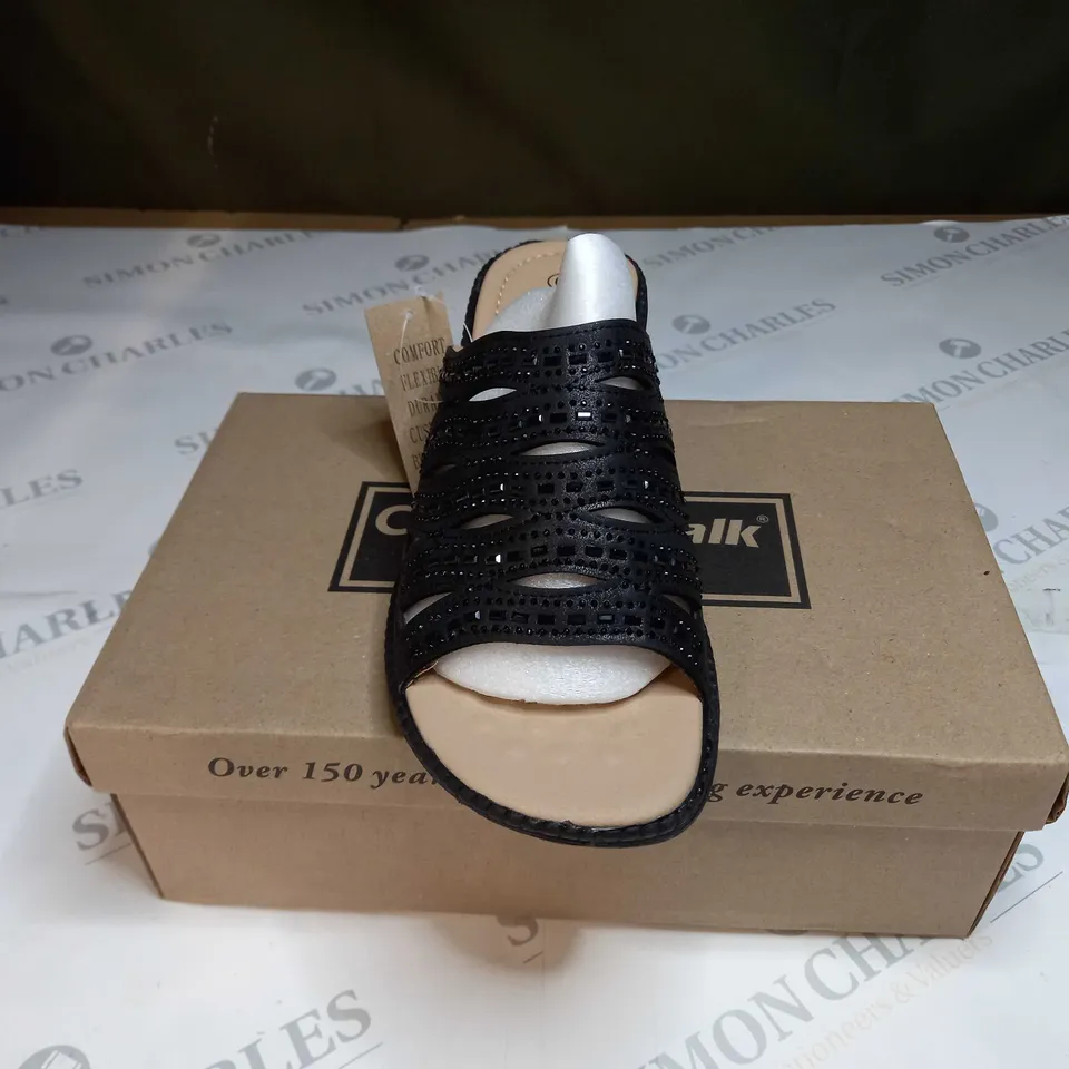 BOXED PAIR OF CUSHION WALK DIAMANTE MULES IN BLACK - SIZE 6