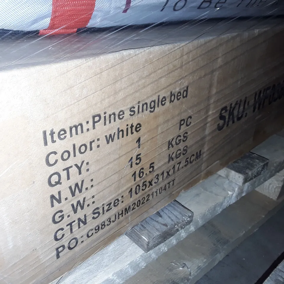 UNPROCESSED PALLET OF ASSORTED ITEMS TO INCLUDE STEELPLATE COUNTER TOP GRIDDLE, OFFICE CHAIR AND BOXED PINE SINGLE BED