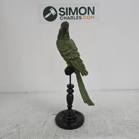 GREEN PARROT FIGURINE ON BLACK PEDESTAL STAND – DECORATIVE SCULPTURE