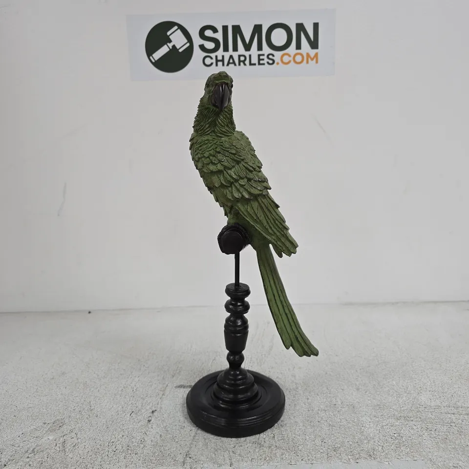 GREEN PARROT FIGURINE ON BLACK PEDESTAL STAND – DECORATIVE SCULPTURE