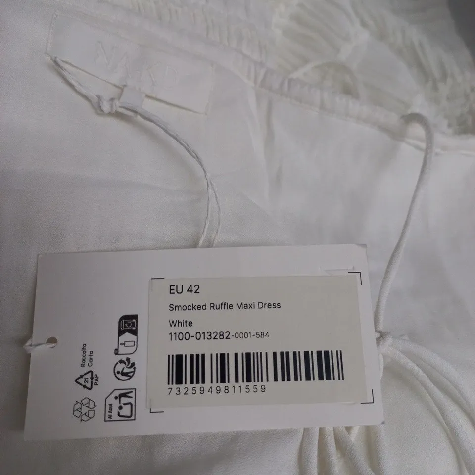 (EU 42) SMOCKED RUFFLE MAXI DRESS – WHITE