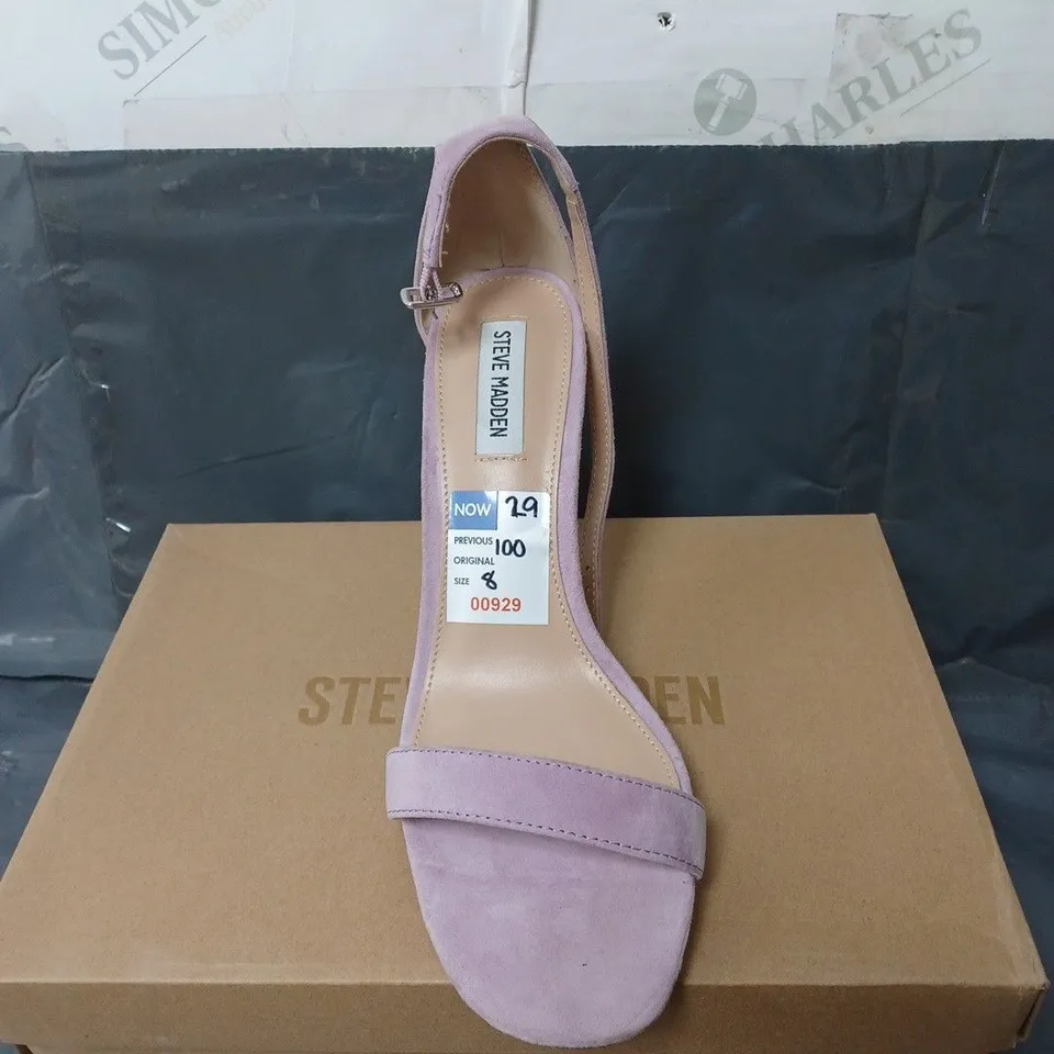 BOXED PAIR OF STEVE MADDEN LILAC SUEDE OCCASSIONAL HIGH HEELS SIZE 41