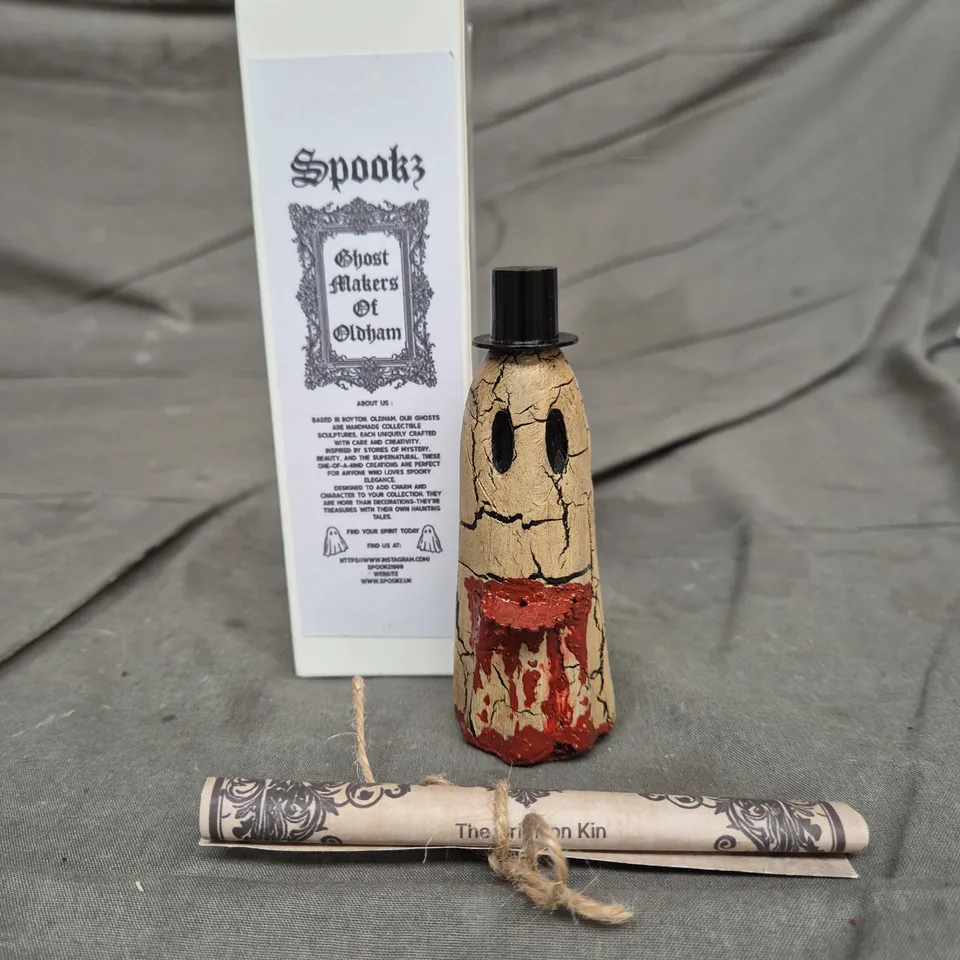 SPOOKZ GHOST MAKERS OF OLDHAM – HALLOWEEN GHOST ORNAMENT WITH SCROLL
