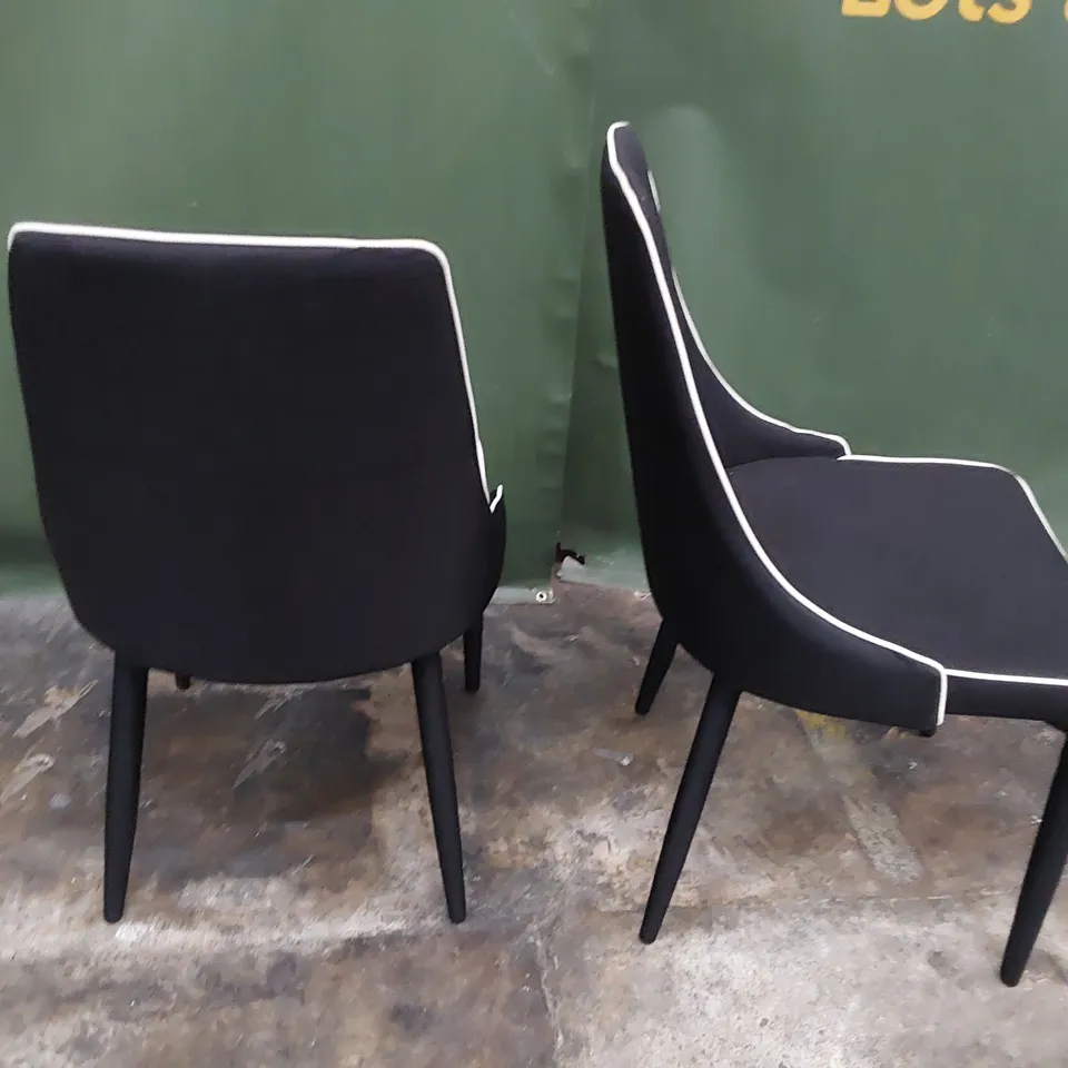 PAIR UPHOLSTERED DINING CHAIRS BLACK FABRIC WITH WHITE PIPING