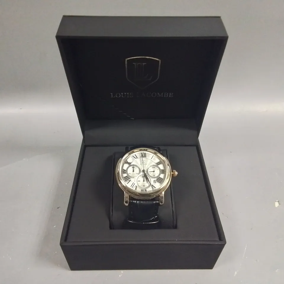 LOUIS LACOMBE STAINLESS STEEL CHRONOGRAPH WATCH WITH BLACK LEATHER STRAP