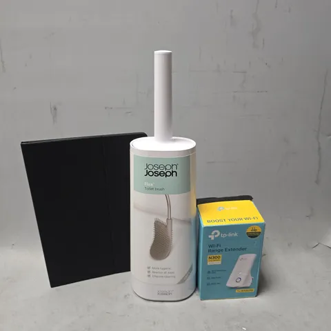 BOX OF APPROXIAMTELY 6 ASSORTED ITEMS TO INCLUDE - JOSEPH JOSEPH TOILET BRUSH , TP LINK RANG EXTENDER ETC