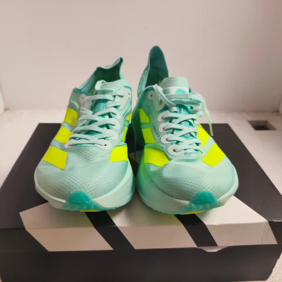 BOXED PAIR OF ADIDAS ADIZERO ADIOS PRO 4 W RUNNING SHOES – UK 9.5 (US 11), TURQUOISE/NEON YELLOW