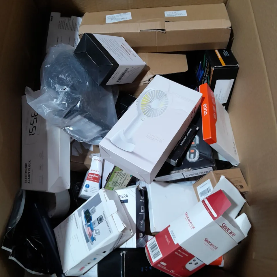 LARGE BOX OF ASSORTED ELECTRICAL ITEMS TOO INCLUDE FANS , CAMERAS AND ALARMS 