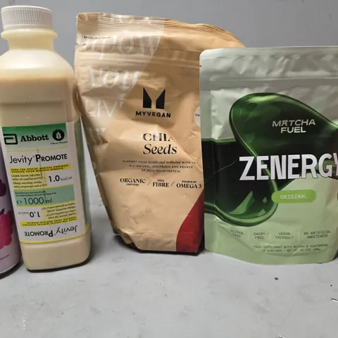 APPROXIMATELY 9 ASSORTED FOOD & DRINK ITEMS TO INCLUDE - MY VEGAN CHIA SEEDS , ABBOTT JEVITY PROMOTE , MATCHA FUEL ZENERGY ETC