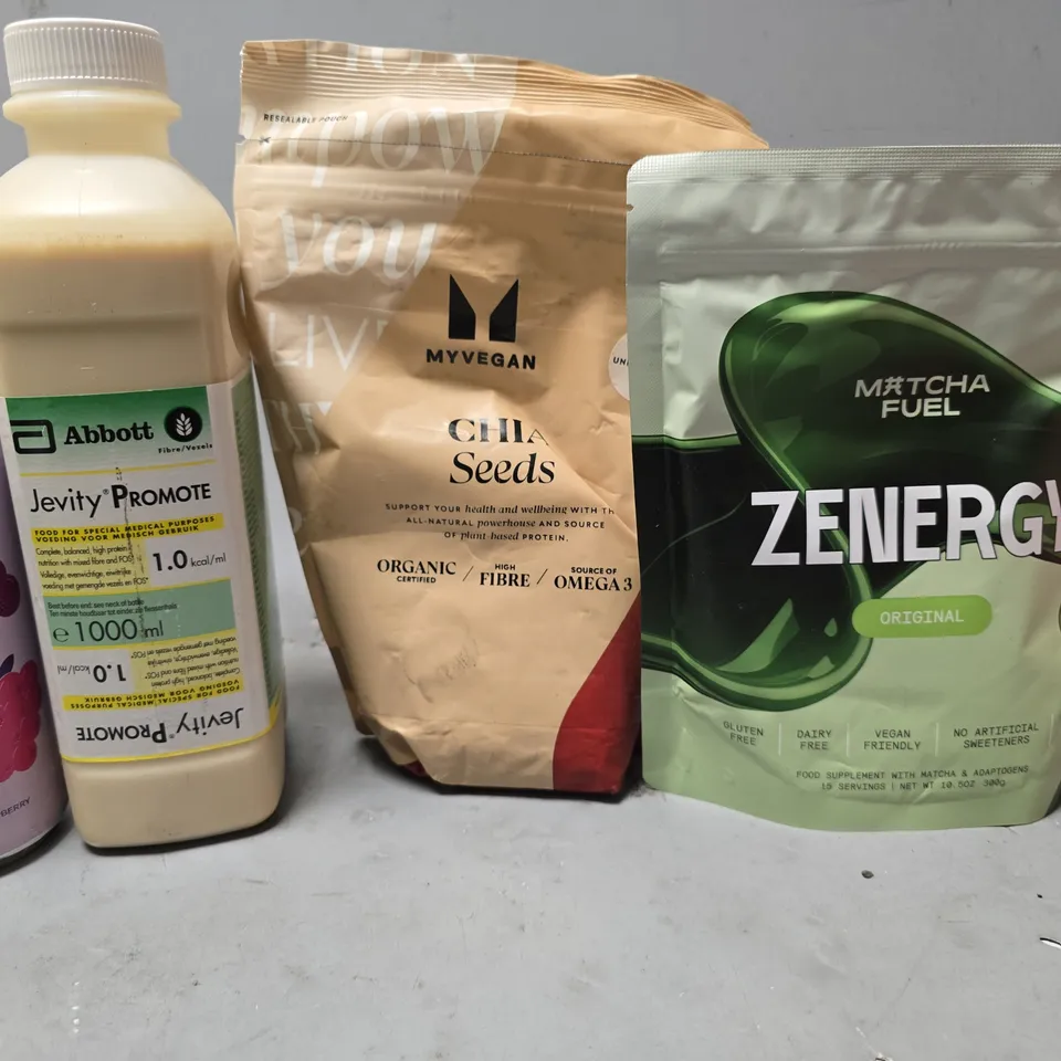 APPROXIMATELY 9 ASSORTED FOOD & DRINK ITEMS TO INCLUDE - MY VEGAN CHIA SEEDS , ABBOTT JEVITY PROMOTE , MATCHA FUEL ZENERGY ETC