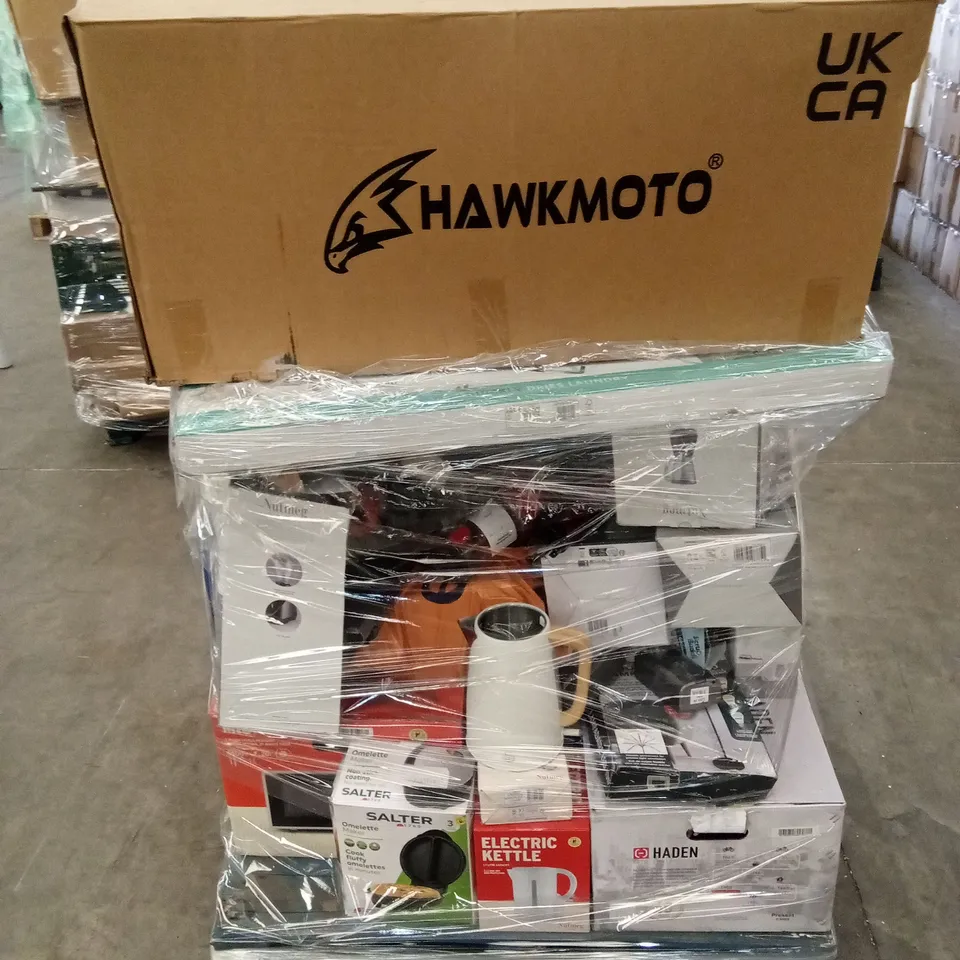 PALLET OF ASSORTED KITCHEN APPLIANCES AND HOUSEHOLD ELECTRIC GOODS TO INCLUDE; JUG BLENDERS, MICROWAVES, STEAM IRONS, FANS, FOOD STEAMER, FOOD PROCESSOR, KETTLES ETC